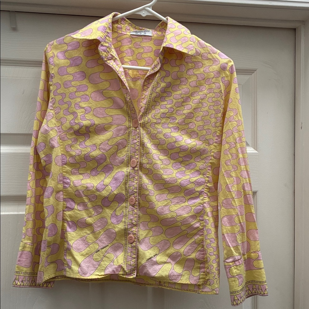 Vintage Averardo Bessi Yellow and Pink Women's Button Down Shirt